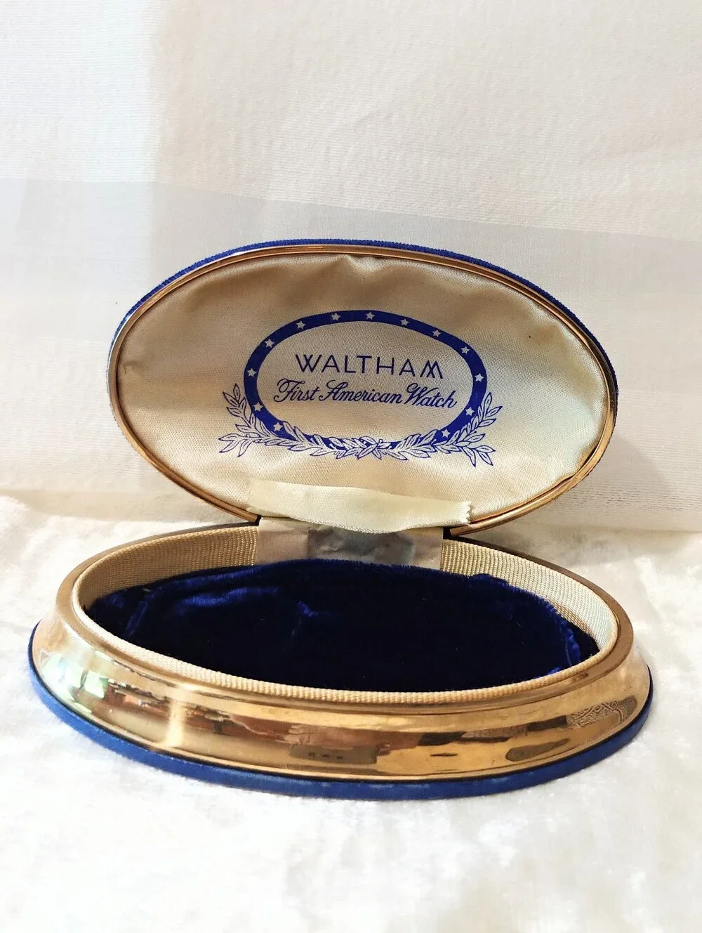 Waltham Blue Velvet Lined Gold Tone Jewelry Watch Presentation Box Case